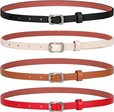 VONMELLI 4 Packs Women Skinny Leather Belt Silver Buckle Ladies Thin Waist Belts for Jeans Dresses